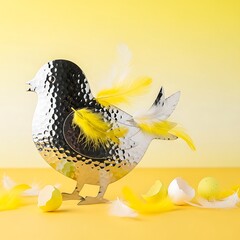 Decorative Easter Chicken with Yellow Feathers on Yellow Background.