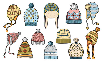Doodle winter knitted hat sat. Vector hand drawn head wear design elements collection.