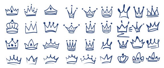 Obraz premium Doodle king queen crown. Hand drawn logo set. Vector kingdom sketch concept
