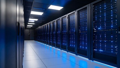 A long hallway with a row of server cabinets. The doors are closed and filled with glowing blue lights. The lighting is dim