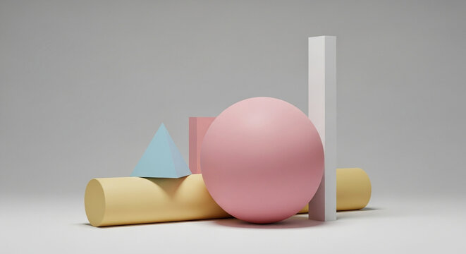 Minimalist arrangement of geometric shapes in pastel colors isolated on white background, creating a modern and clean aesthetic for design and artistic purposes