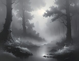 Atmospheric grayscale image of a misty forest scene with a river