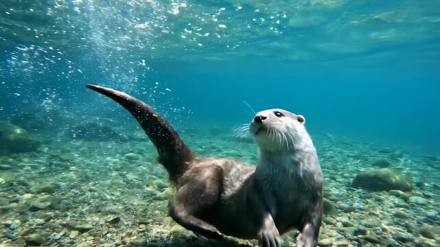 Otter swimming underwater in clear blue water