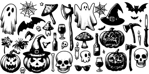 Haunted Elements: A Monochrome Halloween Collection,playful and eerie set of black-and-white Halloween illustrations featuring ghosts, pumpkins, skulls, witches' tools, spiders, bats, and more 
