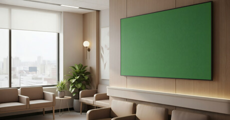 Waiting room interior mockup with green screen tv display area