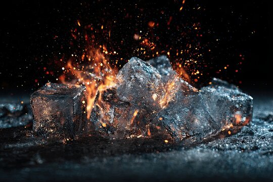 Fire with sparks and exploding ice cubes on a dark background contrast
