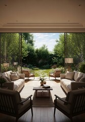 Serene interior with garden view, inviting ambiance and elegant design