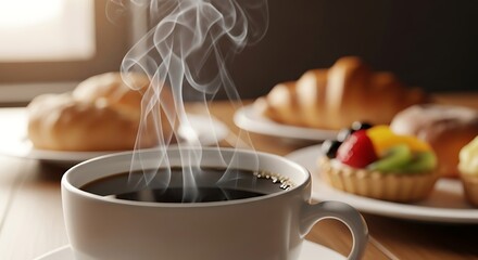Steaming coffee cup with pastries assortment and morning sunlight backdrop