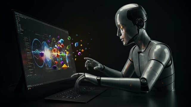 Futuristic Robot Interacting With Digital Art Display 3D Realistic