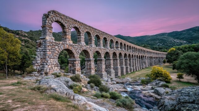 Majestic stone aqueduct stretches across a valley, bathed in the soft hues of a twilight sky.