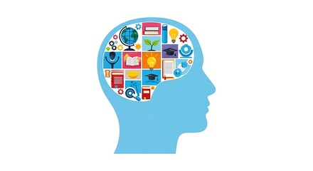 Conceptual illustration of a human head profile filled with a mosaic of colorful icons representing knowledge education learning and various subjects and ideas