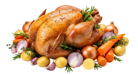 A delicious roasted chicken, isolated on transparent background, surrounded by fresh vegetables like potatoes, carrots, onions, garlic, and garnished with rosemary, perfect for a holiday meal
