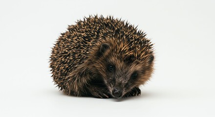 Fototapeta premium Small Spiky Hairy Hedgehog Resting on White Background