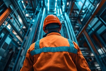 Industrial worker in orange safety jacket and hardhat looking up inside high tech facility