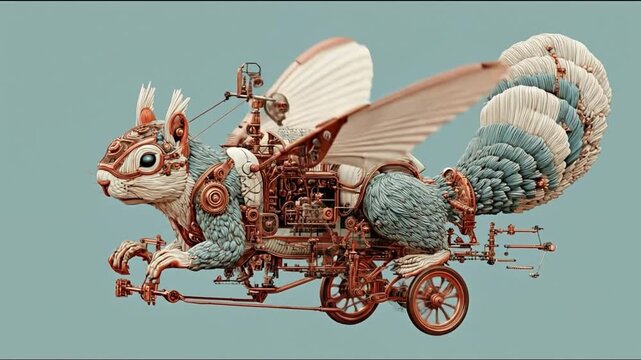 Steampunk squirrel illustration mechanical creature with wings and carriage
