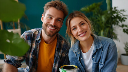 Couple painting wall together in new home, smiles and teamwork, creativity and progress, relationship goals, domestic life, unity and collaboration, new beginnings, joyful couple l