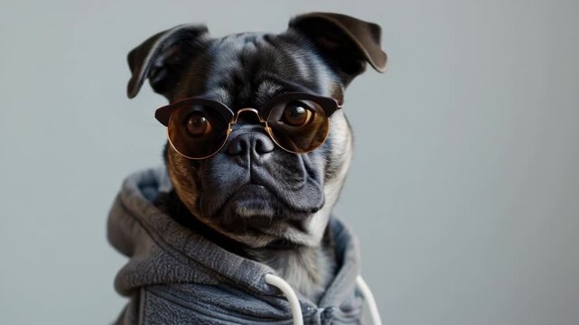 Video A dog wearing sunglasses and a hoodie, perfect for casual use or as a fun addition to your social media content