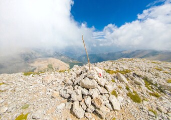 National park of Majella, Italy - Mountain summits in the Majella range, central Italy, Abruzzo region, with characteristic landscape of rocky expanses between valleys and plateaus.