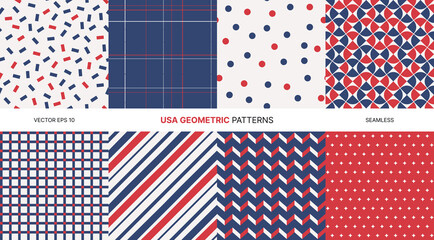Seamless vector pattern set with USA geometric designs in red white blue colors, abstract modern shapes, minimal patriotic background, Independence Day, Memorial Day, Fourth of July decoration themes