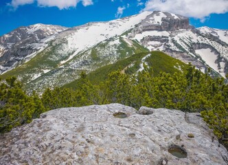 National park of Majella, Italy - Mountain summits in the Majella range, central Italy, Abruzzo region, with characteristic landscape of rocky expanses between valleys and plateaus.