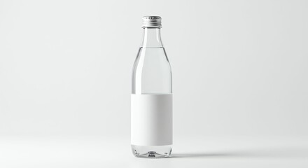 Clear Glass Water Bottle with Blank Label on White Background
