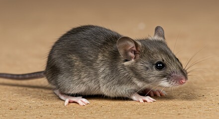 Cute Brown Mouse Sitting on Wooden Surface in Close-up