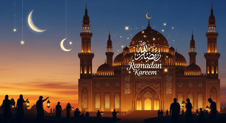 A serene ramadan kareem scene with a grand mosque illuminated at twilight, crescent moons, and silhouettes of people gathering in peaceful contemplation
