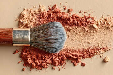 Soft makeup brush dispersing cosmetic powder, highlighting beauty routine with beige minimal background and floating particles