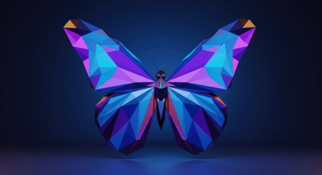 Abstract futuristic butterfly with vivid neon purple and blue geometric wings glowing - Powered by Adobe