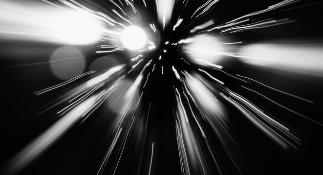 Abstract black and white motion blur with bokeh and film grain, atmospheric cinematic lighting aesthetic
