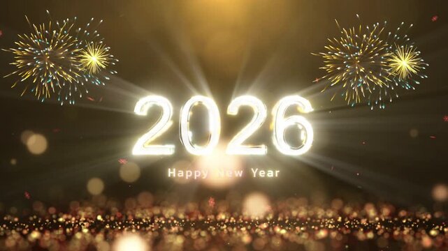 Happy New Year 2026. Golden bokeh sparkling fireworks festival celebration behind text on dark background.