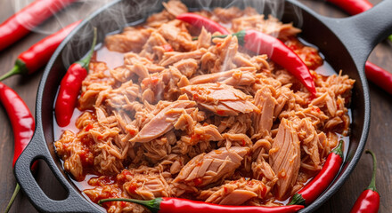 Spicy tuna in a cast iron pan with vibrant red chili peppers, steam rising, showcasing a flavorful seafood dish on a wooden table top, creating a rustic gourmet image.