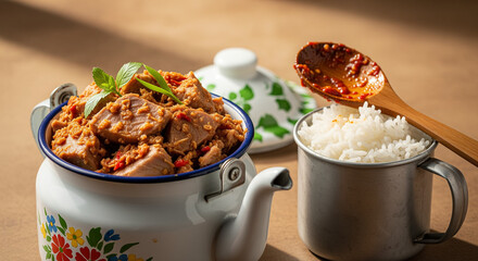 Beef Rendang in a floral enamel pot, served with white rice in a metal mug and a wooden spoon with sambal on a brown surface, showcasing a traditional Indonesian dish.