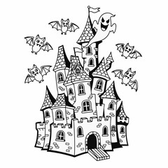 Fototapeta premium Whimsical Halloween castle scene with flying bats and a friendly ghost, perfect for spooky season illustrations and holiday celebrations