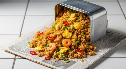 Shrimp fried rice spilling from a metal container onto a newspaper on a tiled surface, featuring visible shrimp, egg, chili, and green onion garnish, in a close-up shot.