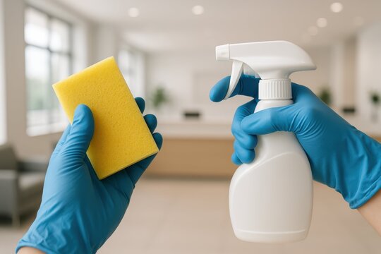 Home Cleaning Essentials.  Hands in blue gloves hold a spray bottle and a yellow sponge, ready for cleaning a modern home or office interior. - Powered by Adobe