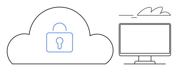Cloud outline with secure lock inside symbolizing cloud security, paired with desktop computer. Ideal for technology, data security, internet safety, remote access, cloud computing, cyber risk