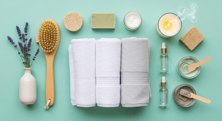 Spa Day Essentials: Serene Arrangement of Bath Products on Teal Background.