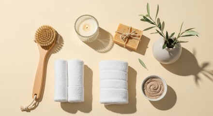 Spa Still Life: Candlelight, Towels, and Natural Beauty Products on Beige Background