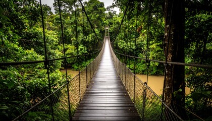 A long suspension bridge stretches through a lush tropical forest, leading towards the distant canopy. The river below is brown