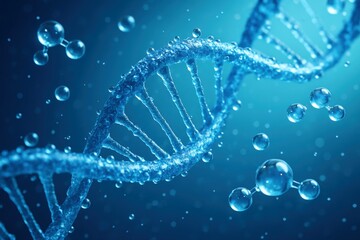 Crystalline blue DNA double helix elegantly floats, immersed in a scientific micro-environment, symbolizing genetic research, future discovery, and biotech innovation