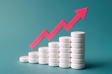Healthcare costs show steady increase, visualized by white medication pills forming growing stacks and a bold red arrow pointing upwards