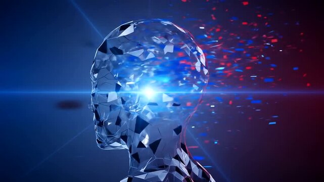 Digital head explodes into abstract particles with bright light.