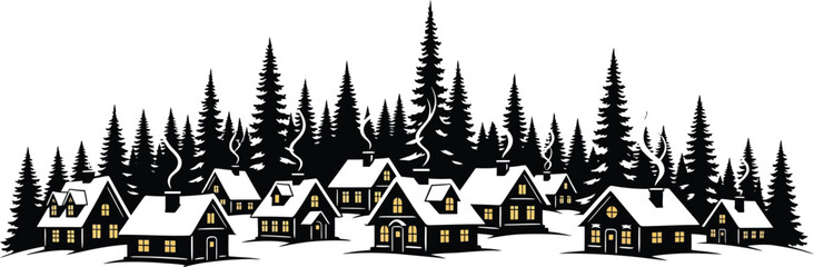 Obraz premium A charming winter village illustration, featuring snowcovered houses nestled among tall pine trees, with smoke rising from chimneys, creating a cozy and serene scene
