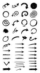 A collection of handdrawn, sketchy arrows and circular shapes in black, representing direction, movement, and abstract design elements, suitable for graphic design and illustration