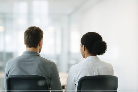 Diverse Colleagues in Modern Office. Rear view of two diverse colleagues, a man and a woman, sitting at a desk and facing a modern, open-plan office.