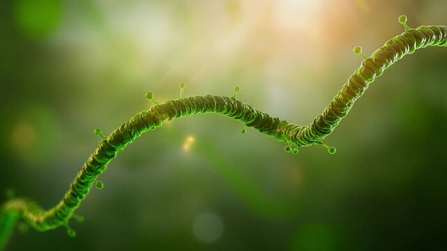 Detailed Green Vine: A close-up perspective of a vibrant green vine gracefully curves against a blurred, natural backdrop, representing growth and the intricate wonders of plant life.