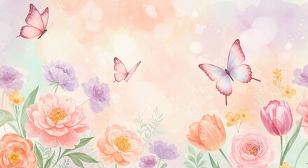暖かな柔らかな光が降り注ぎ優しく輝く背景に水彩のパステルカラーで繊細に描かれた可憐な花々が咲き誇り優雅に舞う蝶たちが幻想的な春の息吹を感じさせる美しい夢の世界. AI Generated