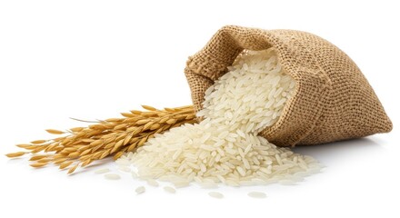 Uncooked white rice spilling from a burlap sack with golden rice stalks on a white background