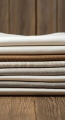 Stack of neatly folded fabrics on a wooden surface, showcasing textile textures and neutral tones.